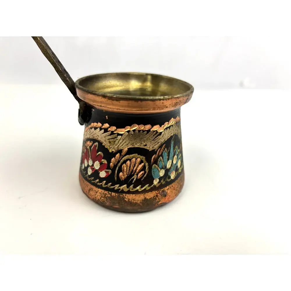 Vintage Turkish Hand Painted Copper Coffee Pot Kettle Decor Cezve Wooden Handle‎